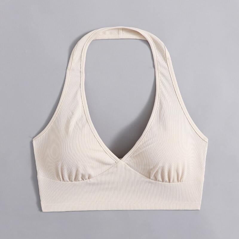 

Solid Ribbed Halter Top, Beige