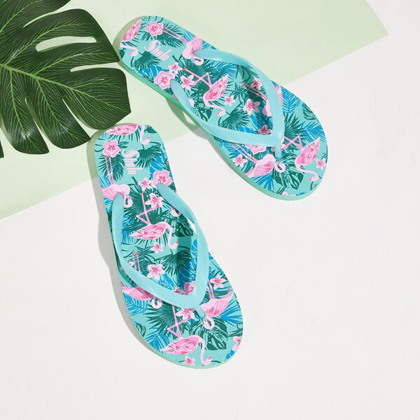 

Floral Graphic Sole Flip Flops, Blue
