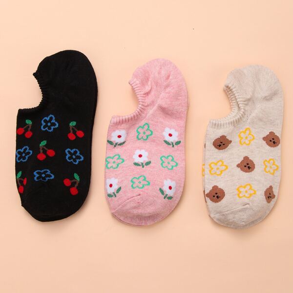 

3pairs Flower Print Socks, Multicolor