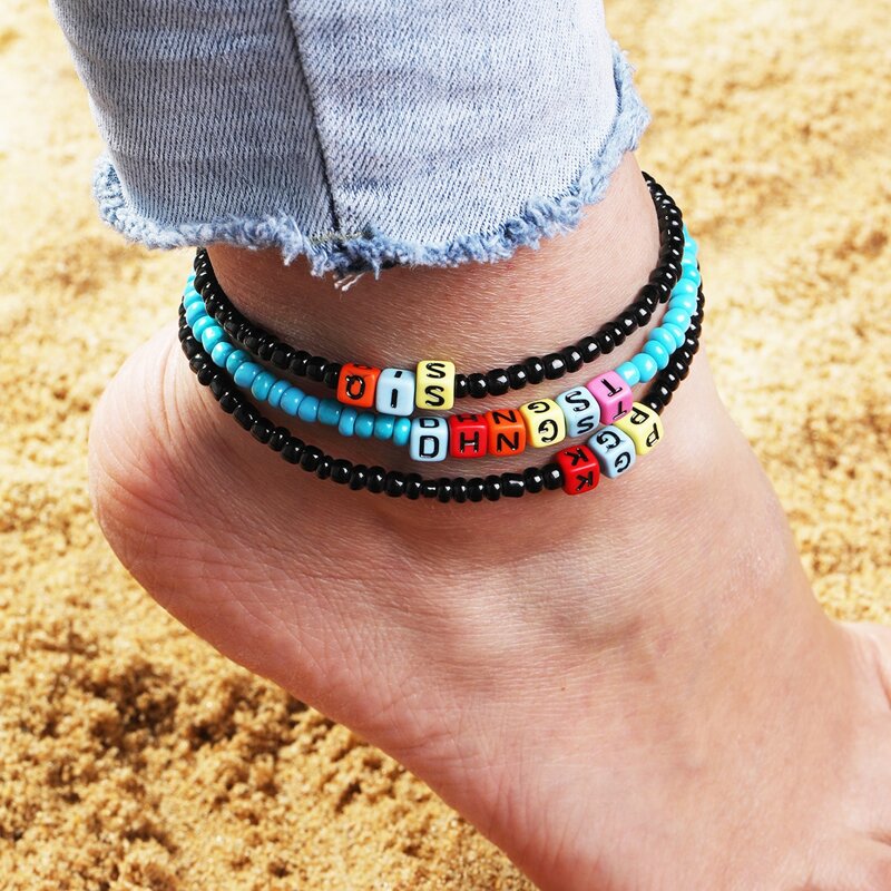 

3pcs Letter Beaded Anklet, Multicolor