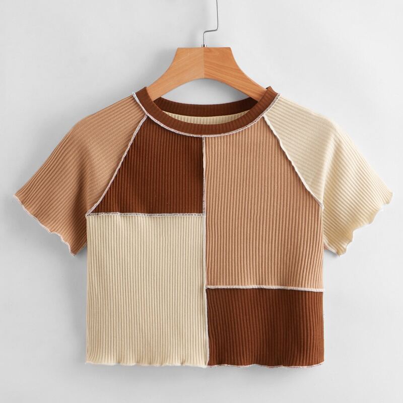 

Stitching Trim Colorblock Ribbed Tee, Multicolor