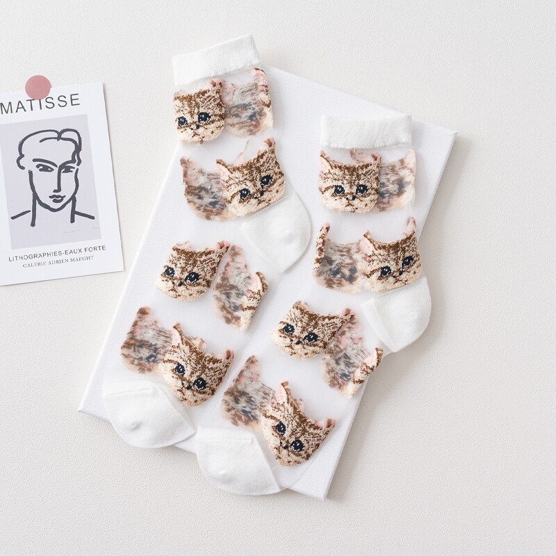 

Cat Mesh Crew Socks, White