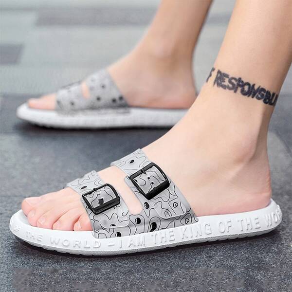 

Men Buckle Decor Graphic Slides, Grey