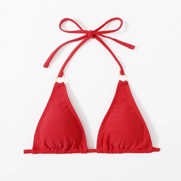 

Ruched Ring Linked Halter Bikini Top, Red