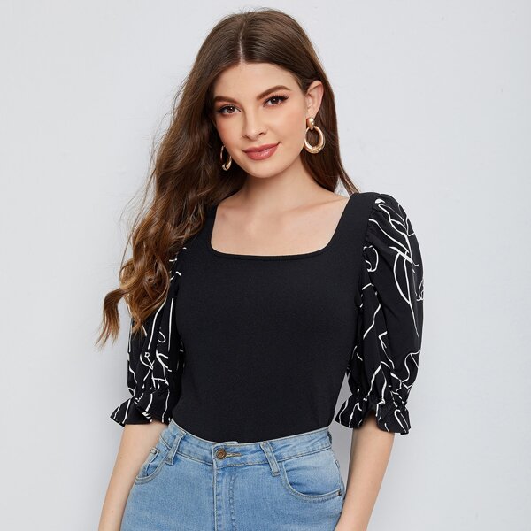 

Scoop Neck Graphic Puff Sleeve Top, Black