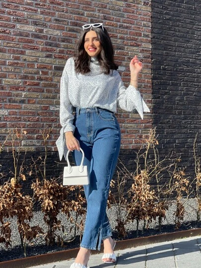 Modelyn Allover Plants Print Mock Neck Satin Top