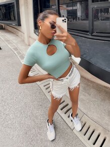 Camiseta Corta Con Escote En Forma De Cerradura - verde menta - Ver 7