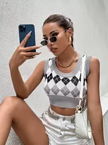 Chaleco de punto corto con patrón de rombo - Multicolor - Ver 1