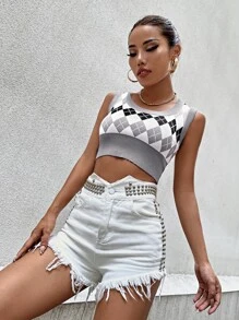 Chaleco de punto corto con patrón de rombo - Multicolor - Ver 5