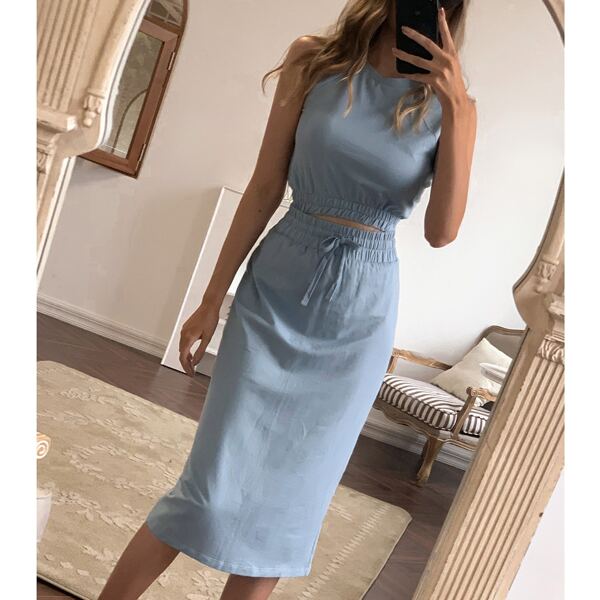 

Solid Tank Top & Drawstring Waist Skirt, Dusty blue