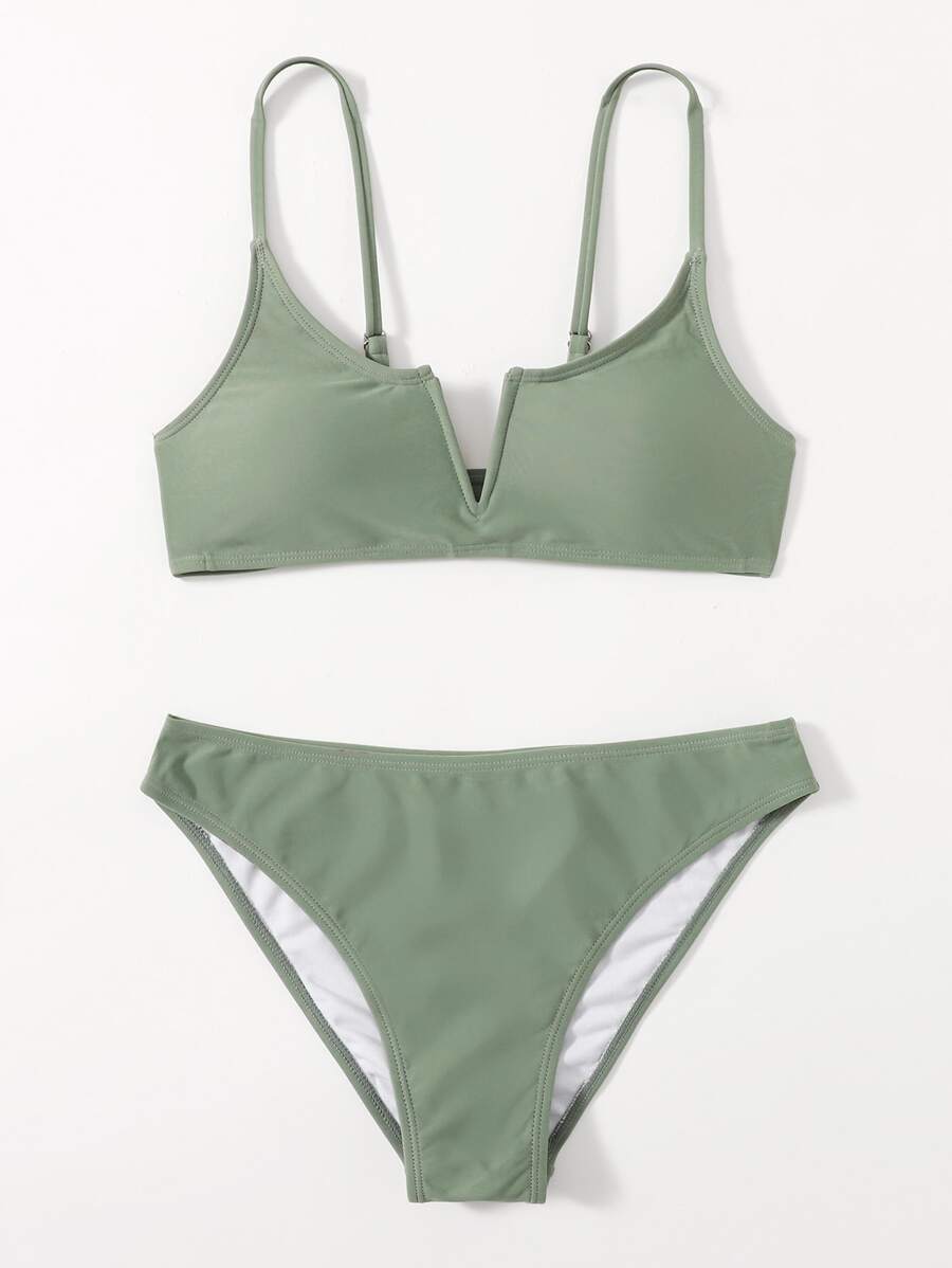 Solid V Wired Bikini Set For Summer Beach Vacation - Green - View 1