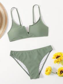 Solid V Wired Bikini Set For Summer Beach Vacation - Green - View 4