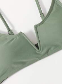 Solid V Wired Bikini Set For Summer Beach Vacation - Green - View 5