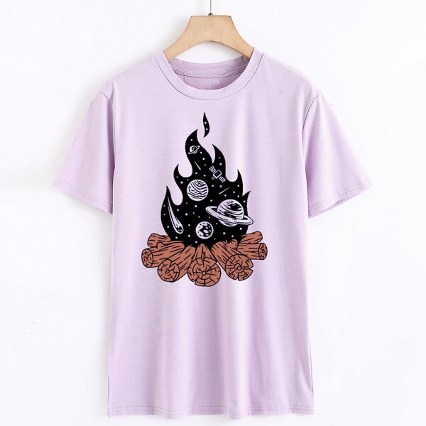 

Cartoon And Fire Print Tee, Lilac purple