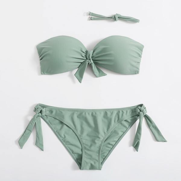 

Knot Front Tie Side Bikini Swimsuit, Army green