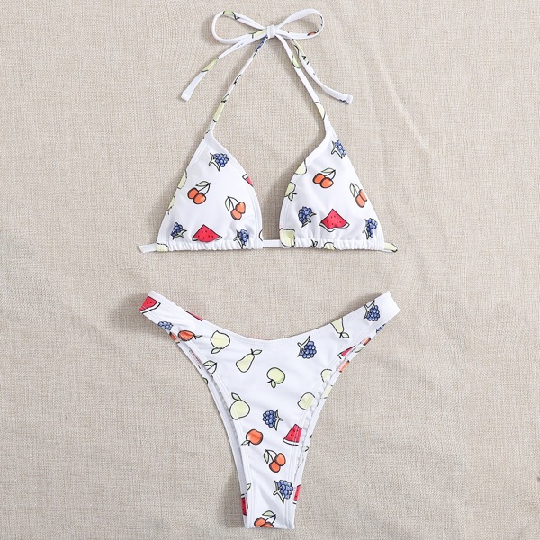 

Fruit Random Print Triangle Bikini Swimsuit, White