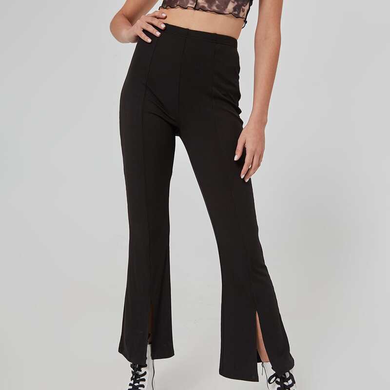 

Solid Flared Split Pants, Black