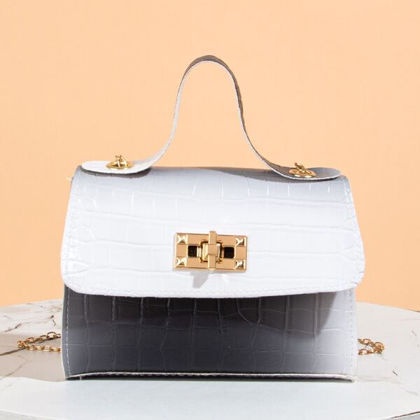 

Color Block Croc Embossed Chain Bag, Black and white