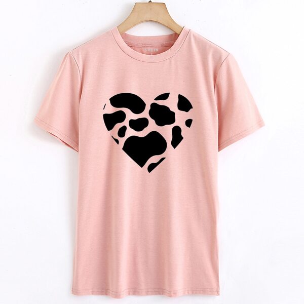 

Heart Print Crew Neck Tee, Coral pink