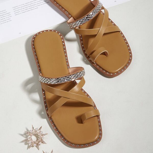 

Rhinestone Decor Flat Thong Sandals, Camel