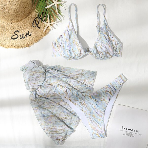 

3pack Marble Print Underwire Bikini Swimsuit & Beach Skirt, Multicolor