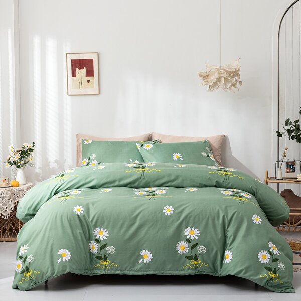 

Daisy Print Duvet Cover Set Without Filler, Green