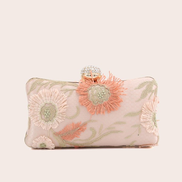

Floral Embroidery Rhinestone Decor Clutch Bag, Champagne