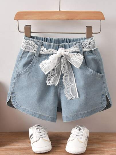 SHEIN Short de mezclilla con cinturón para niña