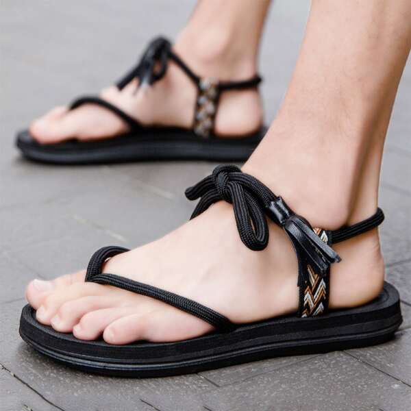 

Men Tassel Decor Lace-Up Thong Sandals, Black