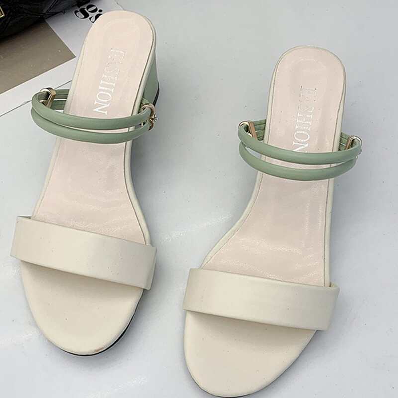 

Colorblock Strap Chunky Heeled Mules, Beige