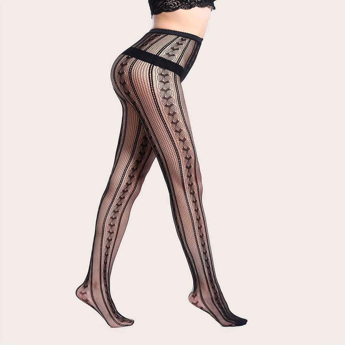 

Heart Striped Fishnet Tights, Black