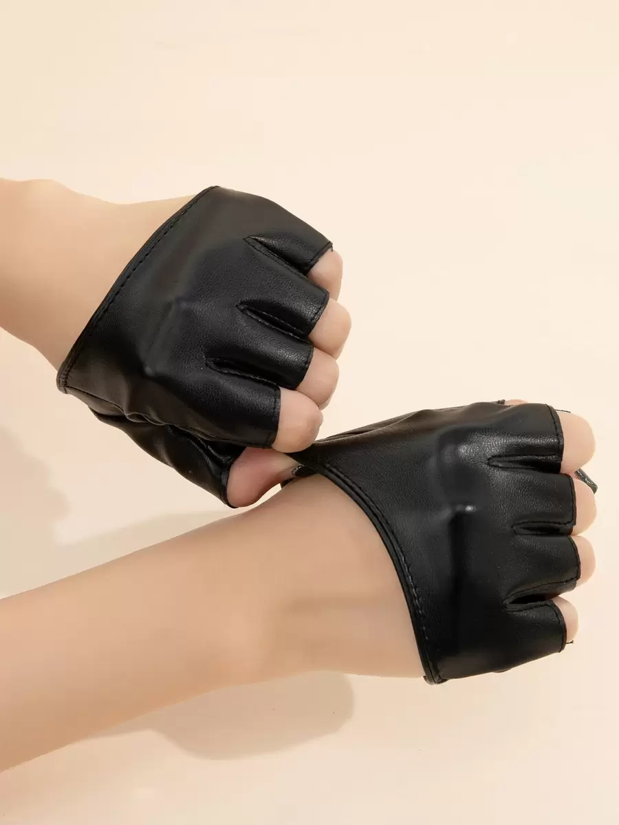 1pair PU Leather Fingerless Gloves - Black - View 1