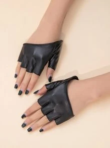1pair PU Leather Fingerless Gloves - Black - View 2