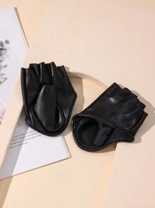 1pair PU Leather Fingerless Gloves - Black - View 3