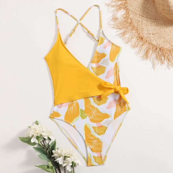 

Graphic Wrap Knot One Piece Swimsuit, Multicolor