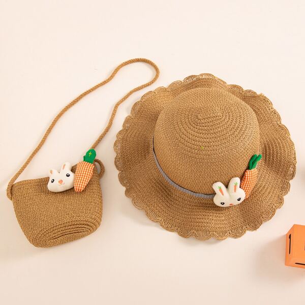 

Toddler Girls Cartoon Decor Straw Hat & Bag, Khaki