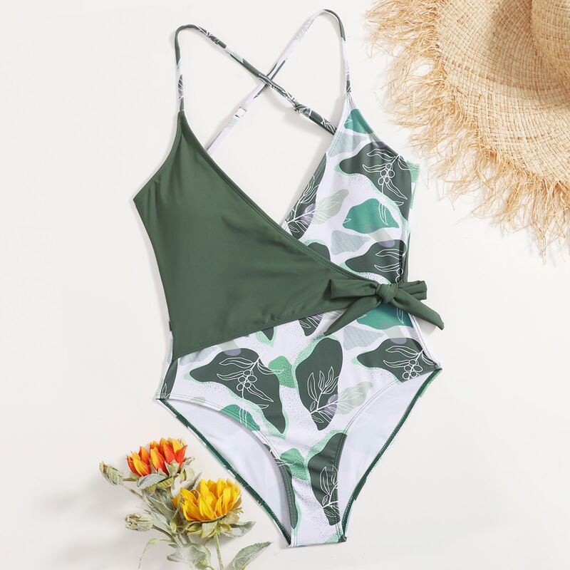 

Plant Print Knot Waist One Piece Swimsuit, Multicolor