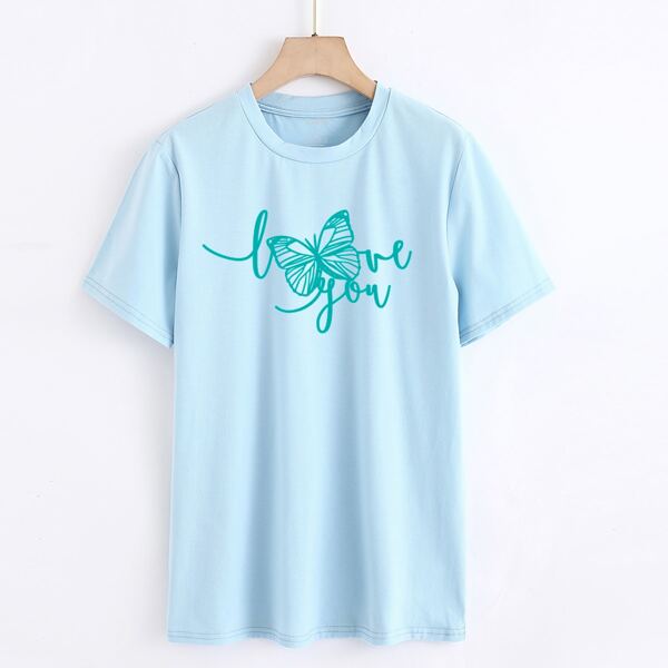 

Letter And Butterfly Print Tee, Baby blue