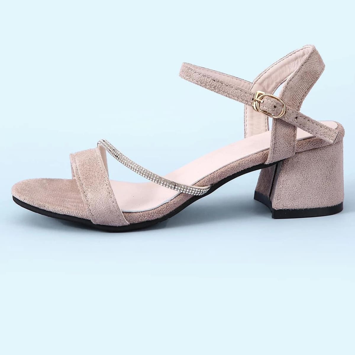 

Rhinestone Ankle Strap Chunky Heeled Sandals, Beige