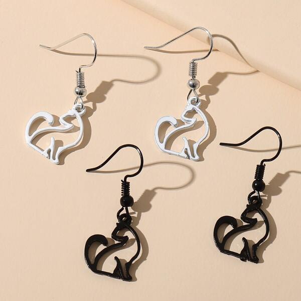 

2pairs Hollow Out Cat Design Earrings, Black and white
