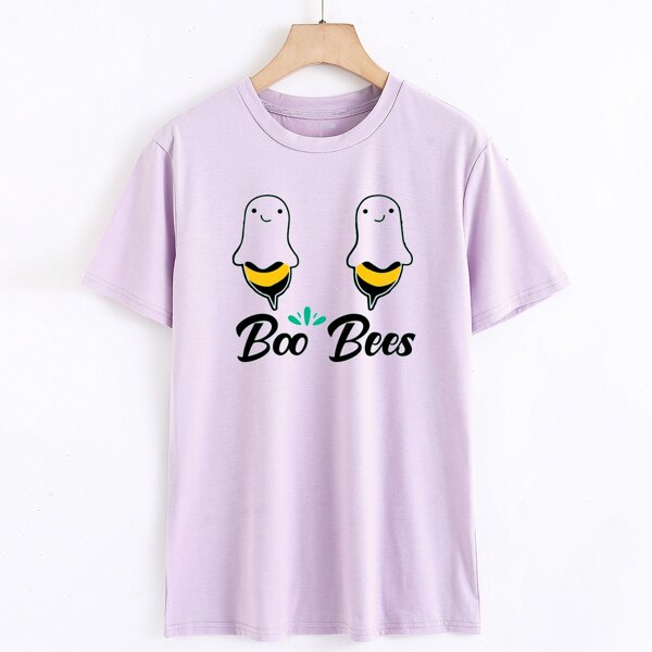 

Cartoon And Letter Graphic Tee, Lilac purple