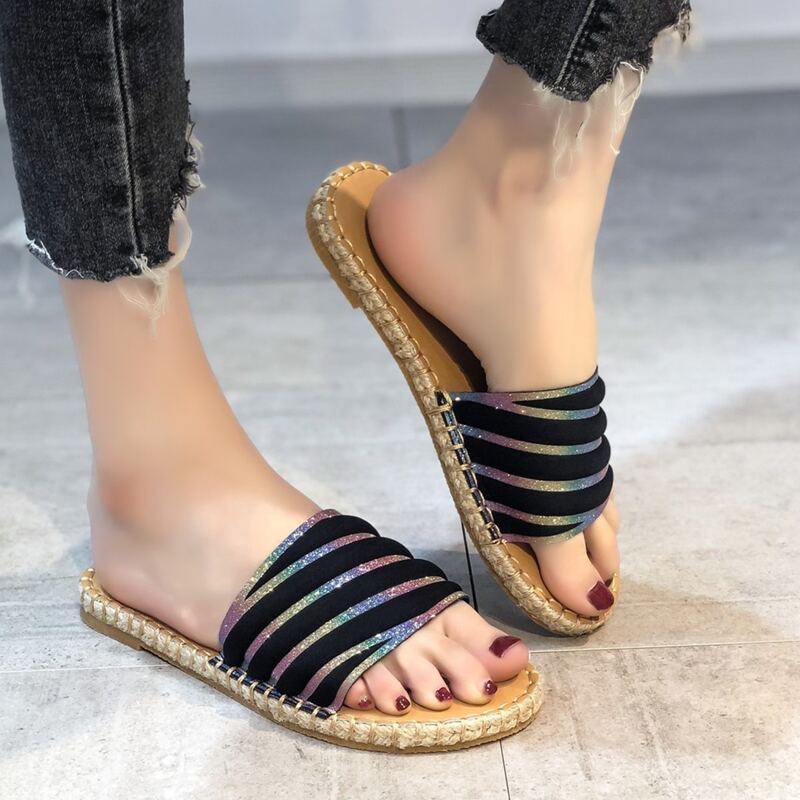 

Glitter Striped Slide Sandals, Black