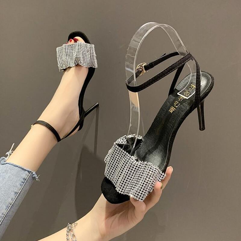 

Rhinestone Ruched Ankle Strap Heeled Sandals, Black