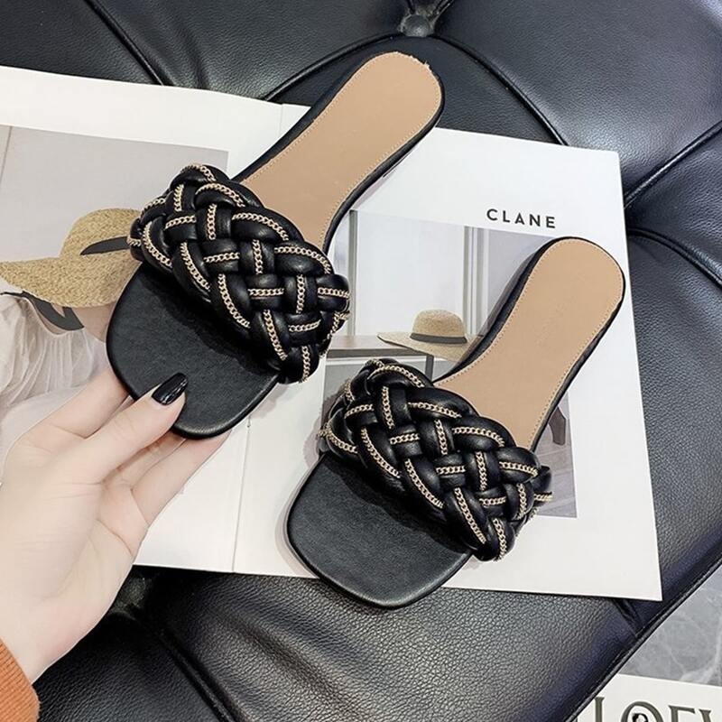 

Chain Braided Band Slide Sandals, Black