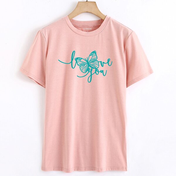

Butterfly And Letter Graphic Tee, Coral pink