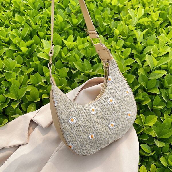 

Floral Graphic Straw Baguette Bag, Khaki
