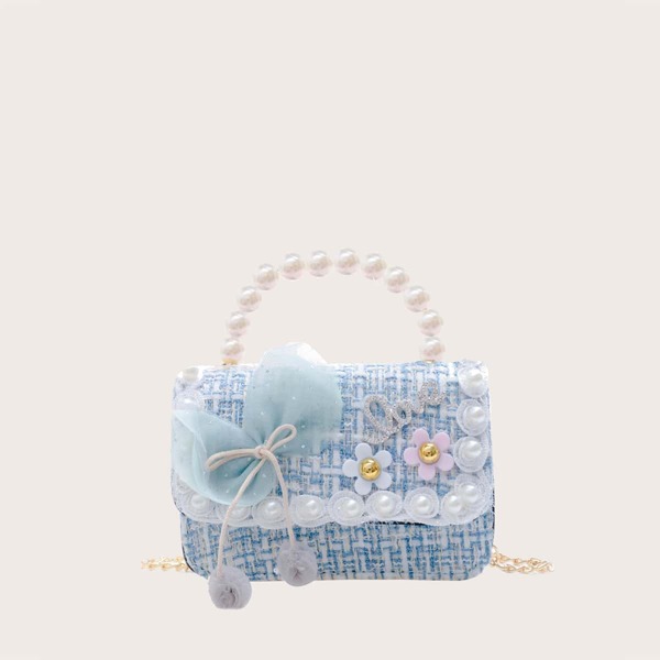 

Girls Faux Pearl Beaded Floral Applique Chain Bag, Blue