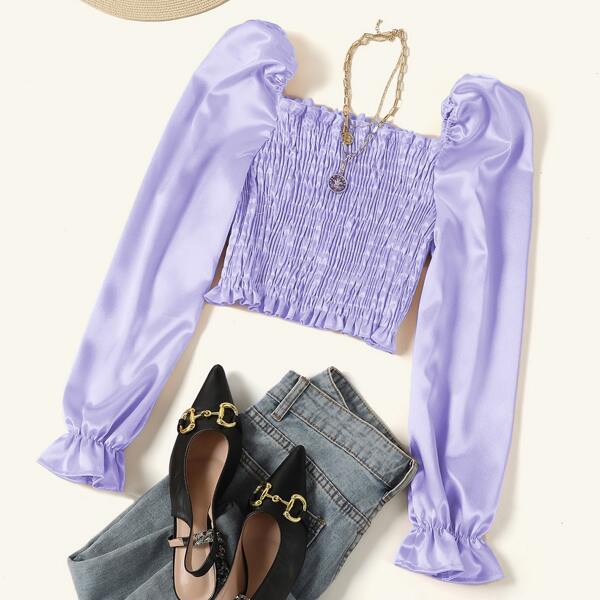 

Bell Sleeve Shirred Satin Crop Top, Mauve purple