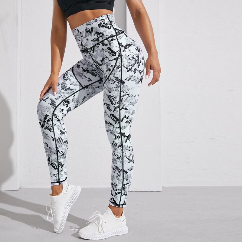 

Contrast Binding Snakeskin Print Sports Leggings, Multicolor