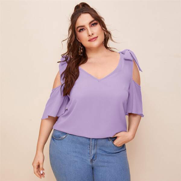 

Plus Double Bow Cold Shoulder Blouse, Lilac purple